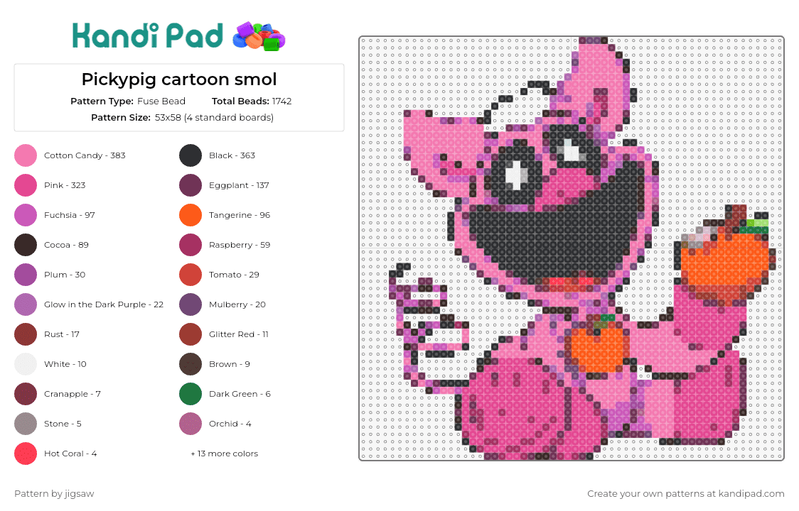 Pickypig cartoon smol - Fuse Bead Pattern by jigsaw on Kandi Pad - pickypiggy,smiling critters,poppy playtime,cartoon,miniature,pig,happy,character,animated,pink