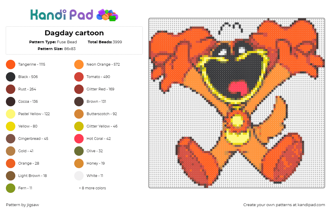 Dagday cartoon - Fuse Bead Pattern by jigsaw on Kandi Pad - dogday,smiling critters,poppy playtime,cartoon,character,happy,video game,orange