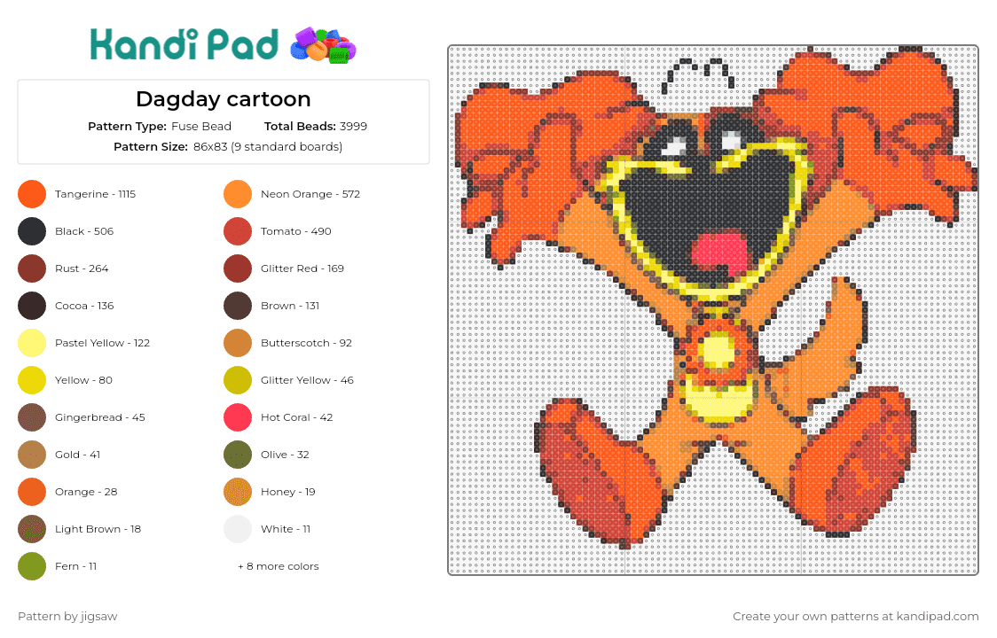 Dagday cartoon - Fuse Bead Pattern by jigsaw on Kandi Pad - dogday,smiling critters,poppy playtime,cartoon,character,joyful,animated,happy,orange
