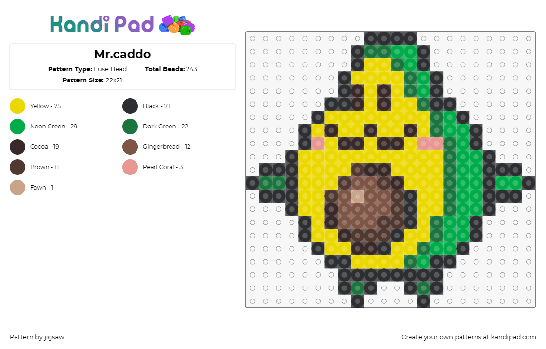 Mr.caddo - Fuse Bead Pattern by jigsaw on Kandi Pad - avocado,food,character,fruit,face,green,yellow,brown