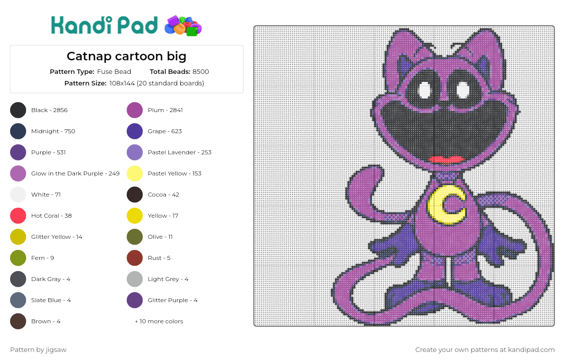 Catnap cartoon big - Fuse Bead Pattern by jigsaw on Kandi Pad - catnap,smiling critters,poppy playtime,cartoon,friendly,large,dynamic,expression,character,purple