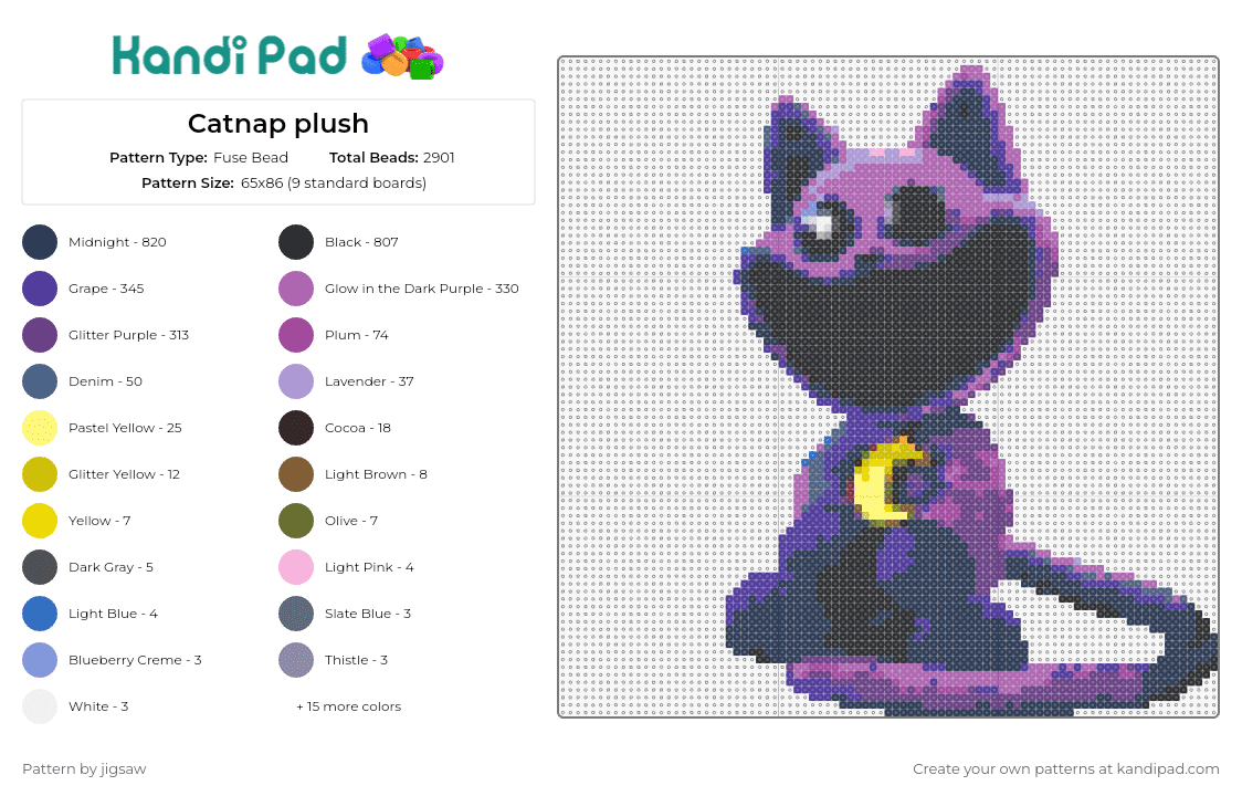 Catnap plush - Fuse Bead Pattern by jigsaw on Kandi Pad - catnap,smiling critters,poppy playtime,adorable,plush,whimsical,playful,character,purple