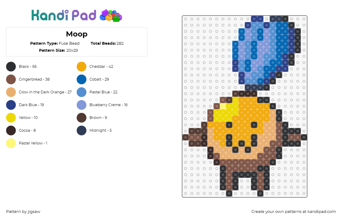 Moop - Fuse Bead Pattern by jigsaw on Kandi Pad - moop,character,smile,playful,inviting,warm-toned,blue accent,balloon,face,orange