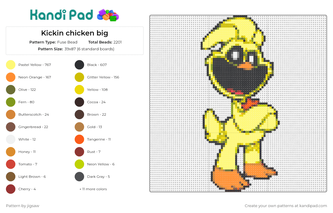 Kickin chicken big - Fuse Bead Pattern by jigsaw on Kandi Pad - kickinchicken,smiling critters,poppy playtime,animated,character,chicken,fun,animal,yellow