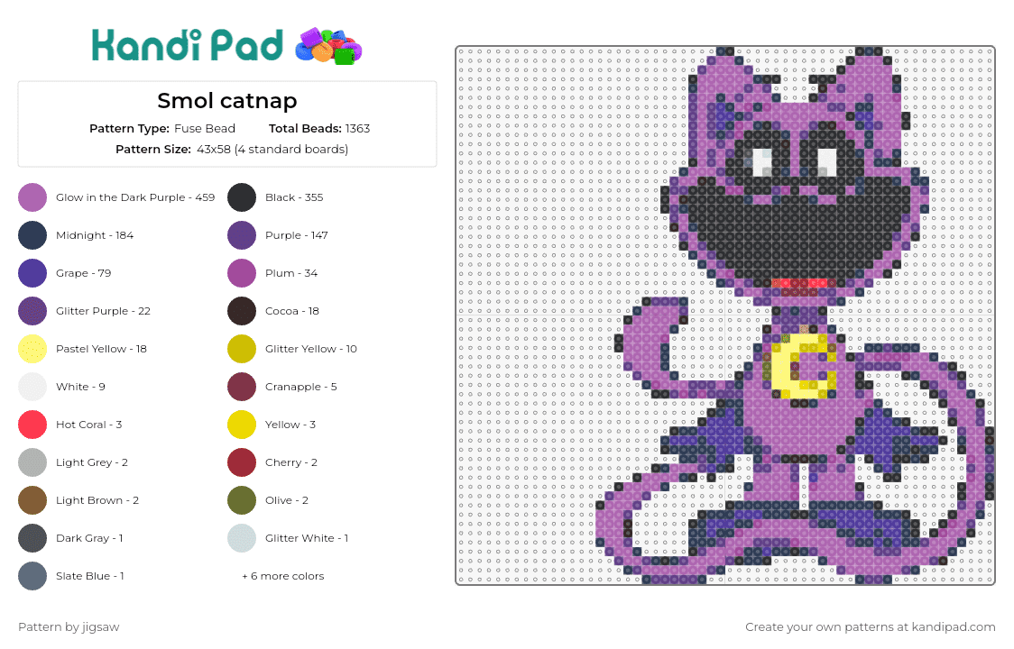Smol catnap - Fuse Bead Pattern by jigsaw on Kandi Pad - catnap,smiling critters,poppy playtime,whimsical,playful,game,feline,animal,smiling,charm,purple