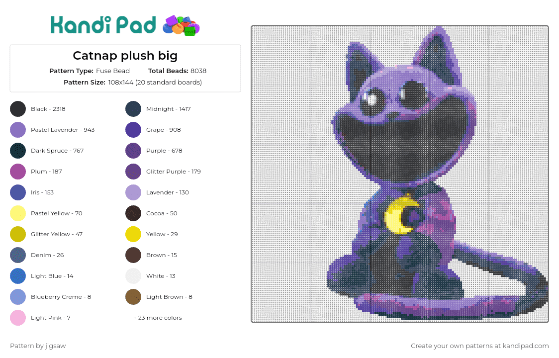 Catnap plush big - Fuse Bead Pattern by jigsaw on Kandi Pad - catnap,smiling critters,poppy playtime,plush,large,friendly,warm,character,purple