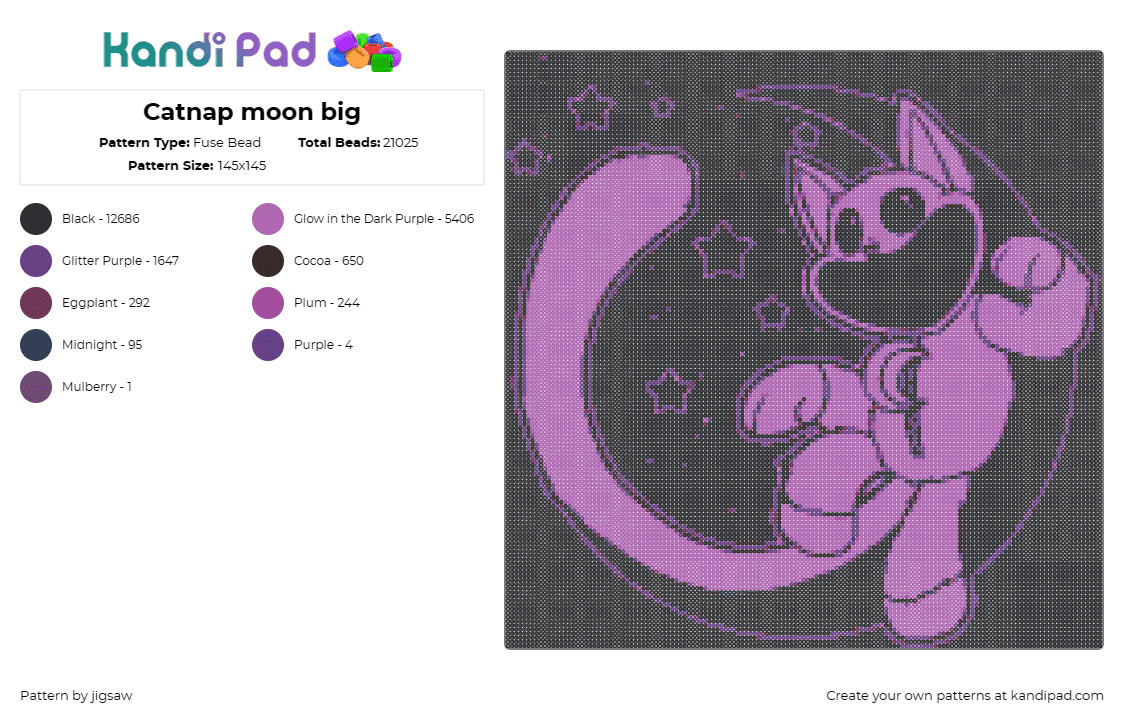 Catnap moon big - Fuse Bead Pattern by jigsaw on Kandi Pad - catnap,smiling critters,poppy playtime,moon,video game,character,purple,black