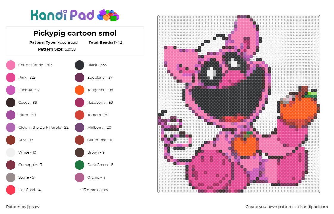 Pickypig cartoon smol - Fuse Bead Pattern by jigsaw on Kandi Pad - pickypiggy,smiling critters,poppy playtime,apple,video game,happy,character,smil