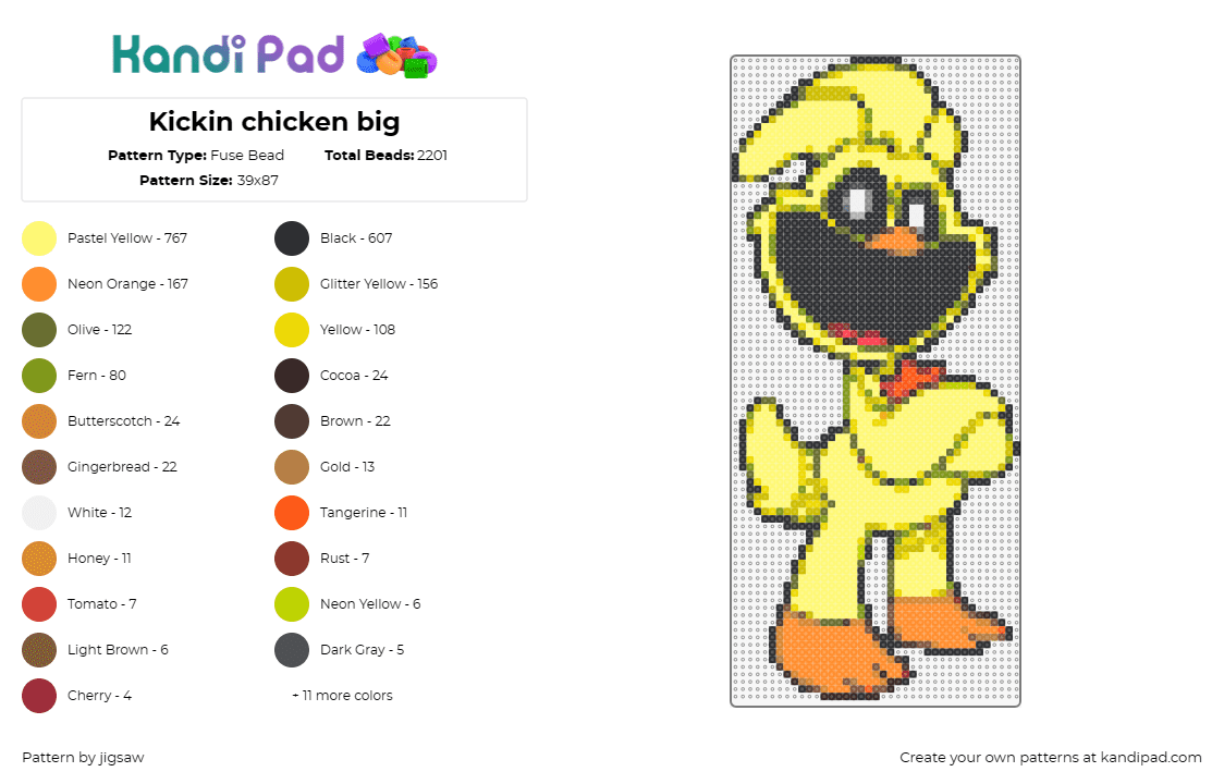 Kickin chicken big - Fuse Bead Pattern by jigsaw on Kandi Pad - kickinchicken,smiling critters,poppy playtime,animated,character,chicken,animal,