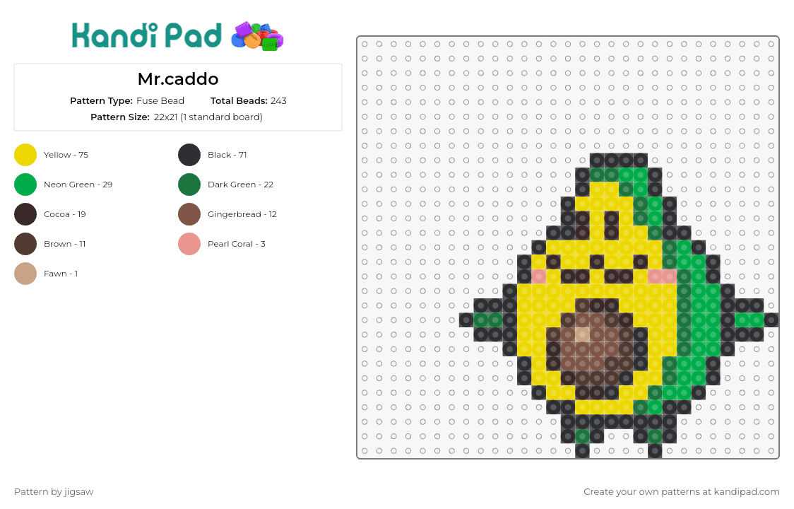 Mr.caddo - Fuse Bead Pattern by jigsaw on Kandi Pad - avocado,character,food,playful,wholesome,fun,personality,creation,green,yellow
