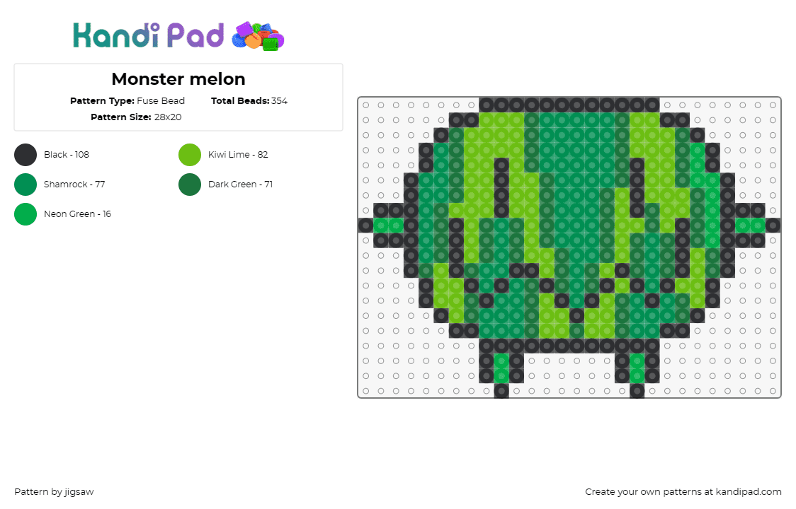 Monster melon - Fuse Bead Pattern by jigsaw on Kandi Pad - monster,watermelon,cute,summery,delight,playful,fruit-themed,character,fresh,gre