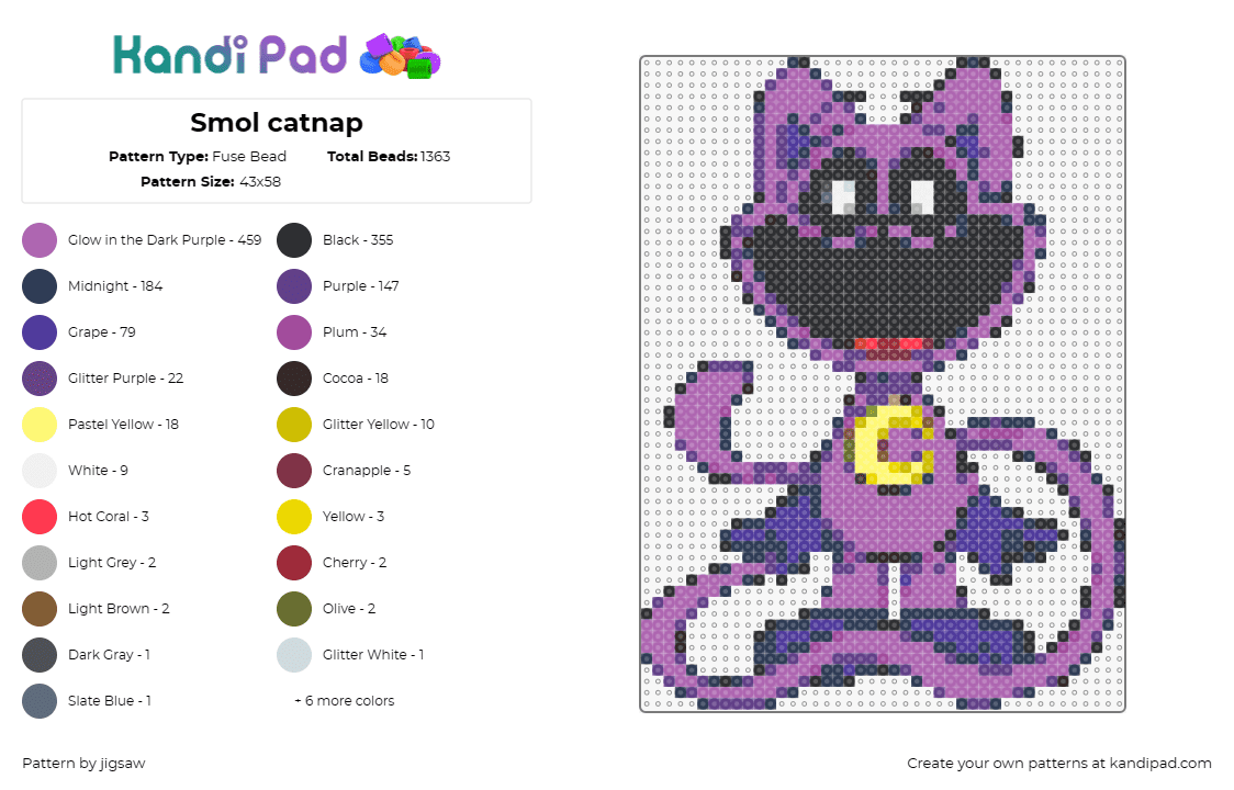 Smol catnap - Fuse Bead Pattern by jigsaw on Kandi Pad - catnap,smiling critters,poppy playtime,video game,character,purple