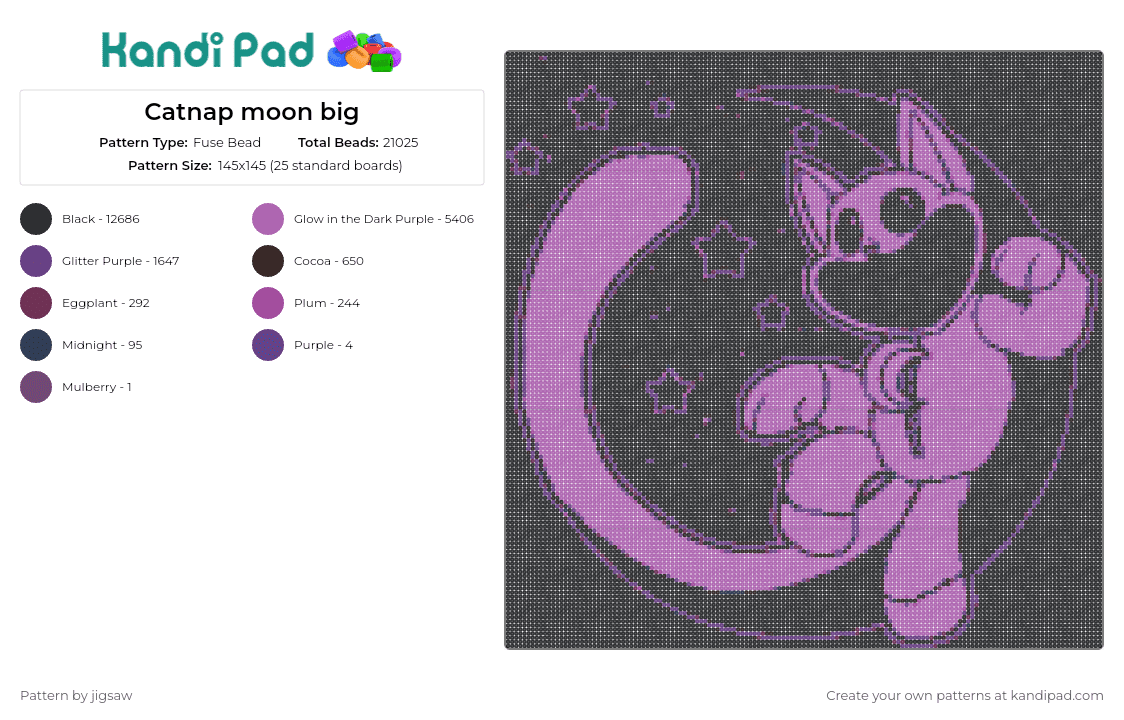 Catnap moon big - Fuse Bead Pattern by jigsaw on Kandi Pad - catnap,smiling critters,poppy playtime,moon,stars,serene,whimsical,peaceful,large,purple