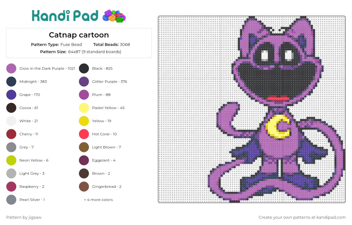 Catnap cartoon - Fuse Bead Pattern by jigsaw on Kandi Pad - catnap,smiling critters,poppy playtime,animated,cartoon,playful,lively,character,purple