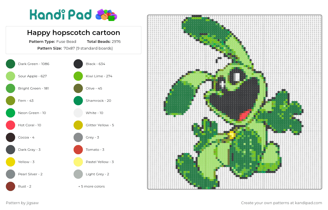 Happy hopscotch cartoon - Fuse Bead Pattern by jigsaw on Kandi Pad - hoppy hopscotch,smiling critters,poppy playtime,cartoon,character,joyful,bunny,playful,green