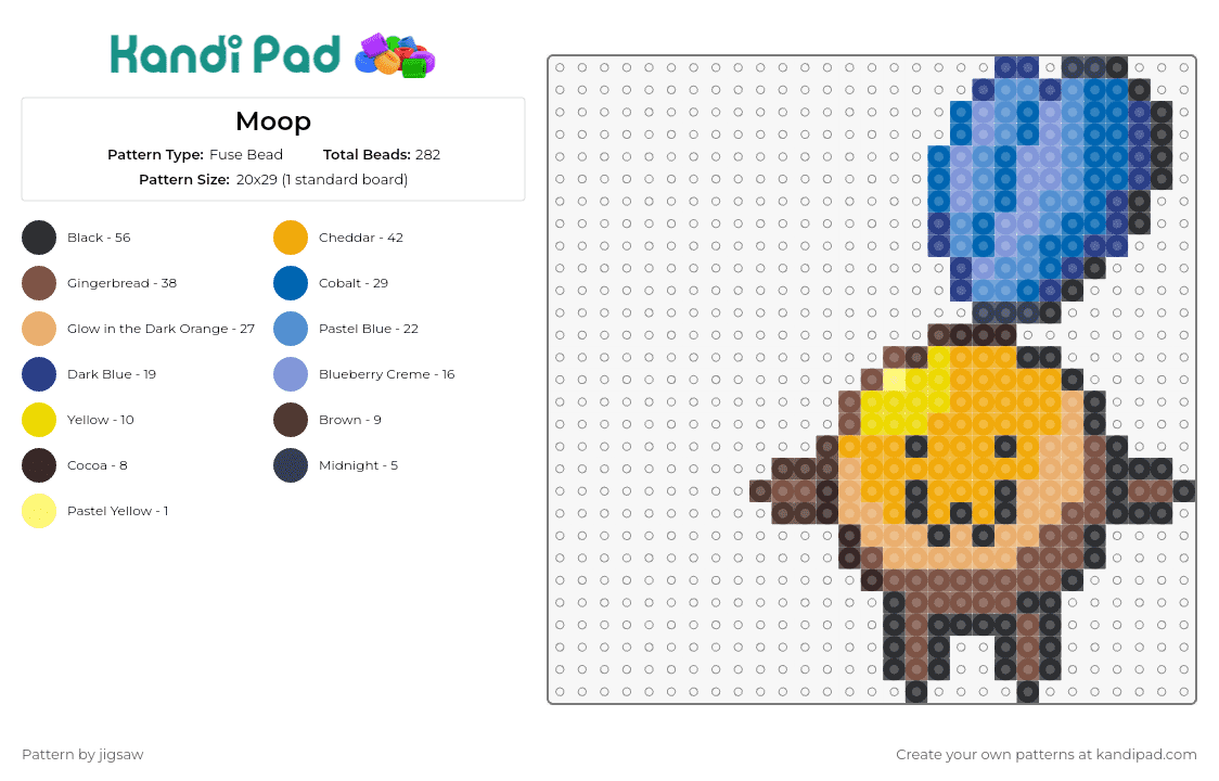 Moop - Fuse Bead Pattern by jigsaw on Kandi Pad - moop,character,smile,playful,inviting,warm-toned,blue accent,balloon,face,orange,blue