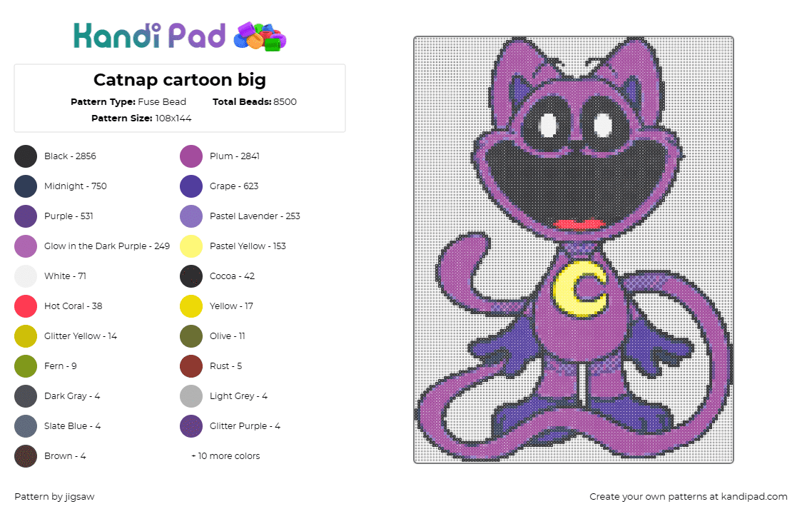 Catnap cartoon big - Fuse Bead Pattern by jigsaw on Kandi Pad - catnap,smiling critters,poppy playtime,video game,character,purple