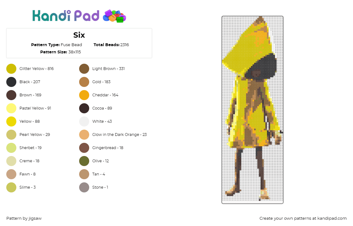 Six - Fuse Bead Pattern by jigsaw on Kandi Pad - six,little nightmares,video game,mysterious,character,popular,game,yellow