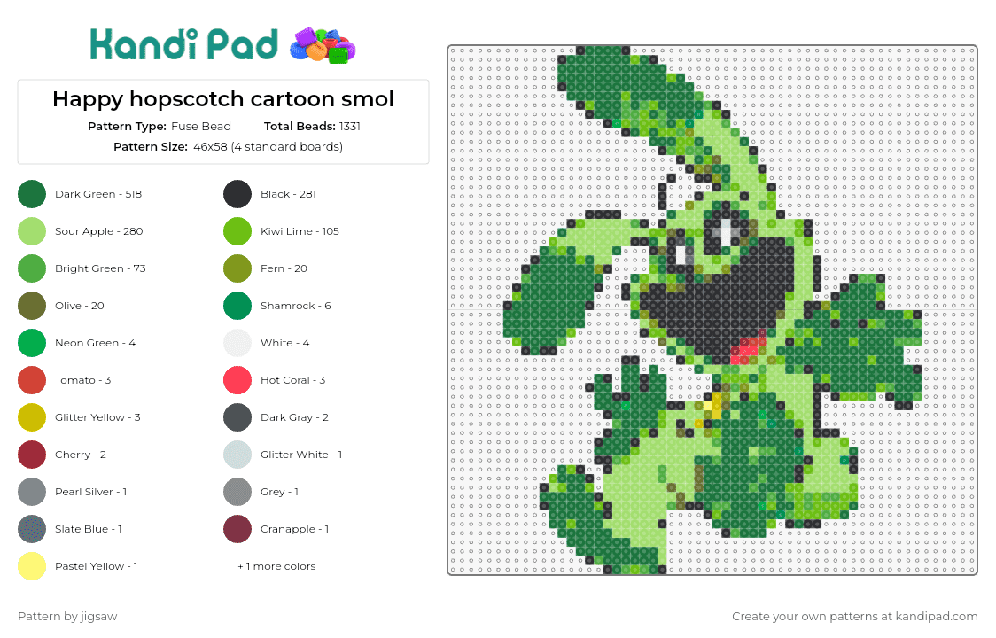 Happy hopscotch cartoon smol - Fuse Bead Pattern by jigsaw on Kandi Pad - hoppy hopscotch,smiling critters,poppy playtime,cartoon,miniature,bunny,happy,playful,green
