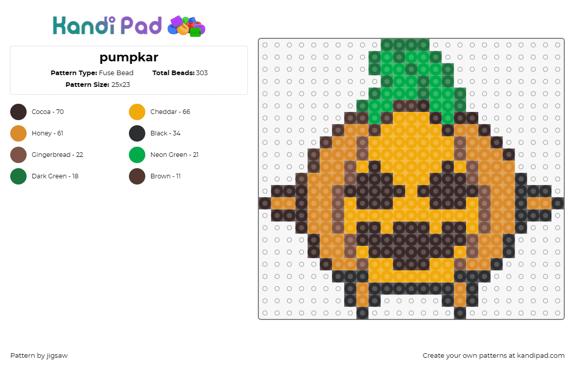 pumpkar - Fuse Bead Pattern by jigsaw on Kandi Pad - pumpkin,character,cute,halloween,autumnal,whimsical,smiling,orange