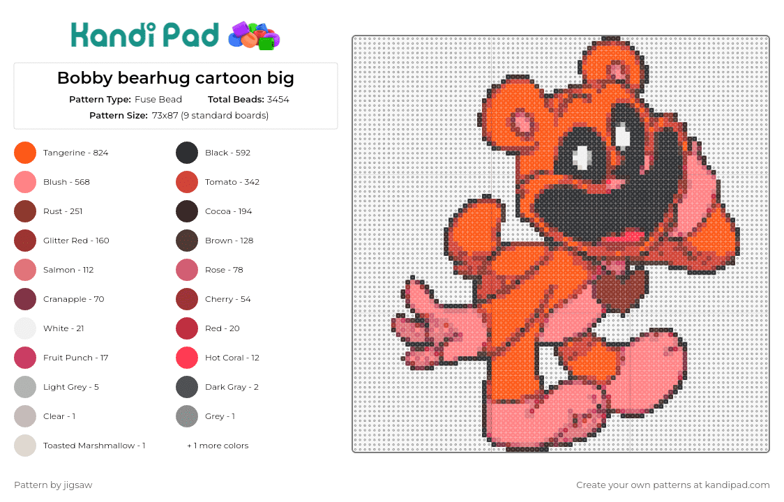 Bobby bearhug cartoon big - Fuse Bead Pattern by jigsaw on Kandi Pad - bobby bearhug,smiling critters,poppy playtime,cartoon,bear,character,hug,joyful,orange
