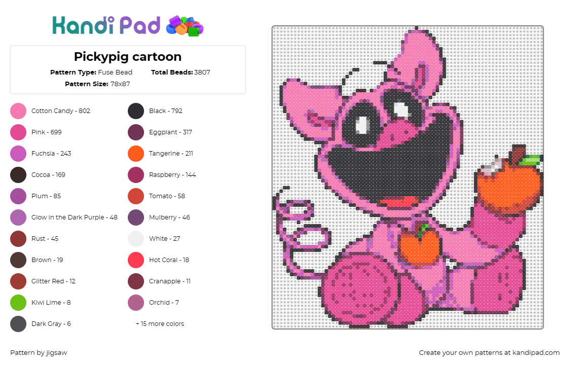 Pickypig cartoon - Fuse Bead Pattern by jigsaw on Kandi Pad - pickypiggy,smiling critters,poppy playtime,apple,video game,happy,character,smil