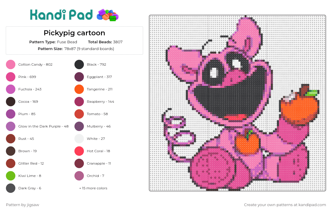 Pickypig cartoon - Fuse Bead Pattern by jigsaw on Kandi Pad - pickypiggy,smiling critters,poppy playtime,cartoon,pig,character,joyful,fruit,animated,pink