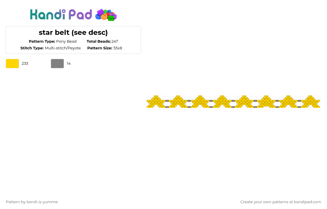 star belt accessory (see desc) - Pony Bead Pattern by kandi-iz-yumme on Kandi Pad - yellow,cotdstars,belt,star,uses jump rings