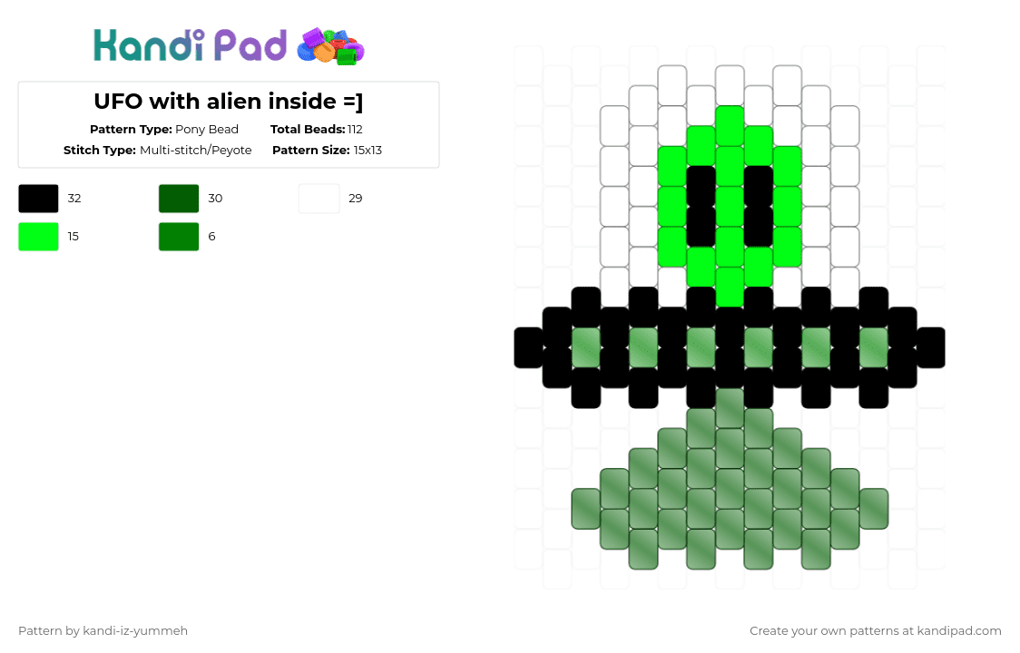 UFO with alien inside =] - Pony Bead Pattern by kandi-iz-yumme on Kandi Pad - green,white,alien,ufo