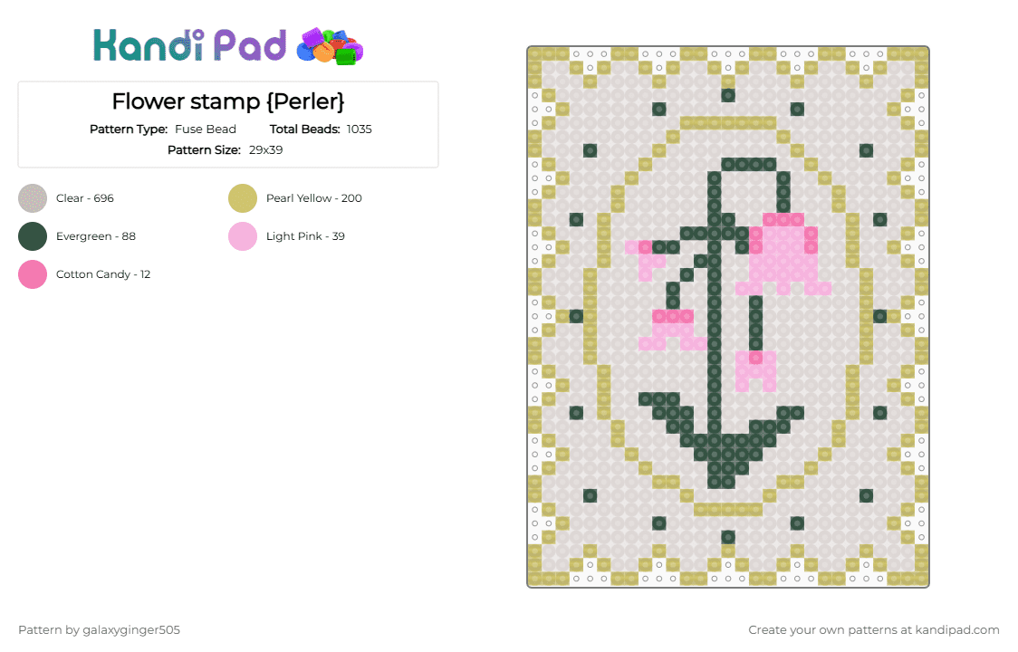 Flower stamp {Perler} - Fuse Bead Pattern by galaxyginger505 on Kandi Pad - beige,perler,gold,clear,pink,green,flower,stamp,cute