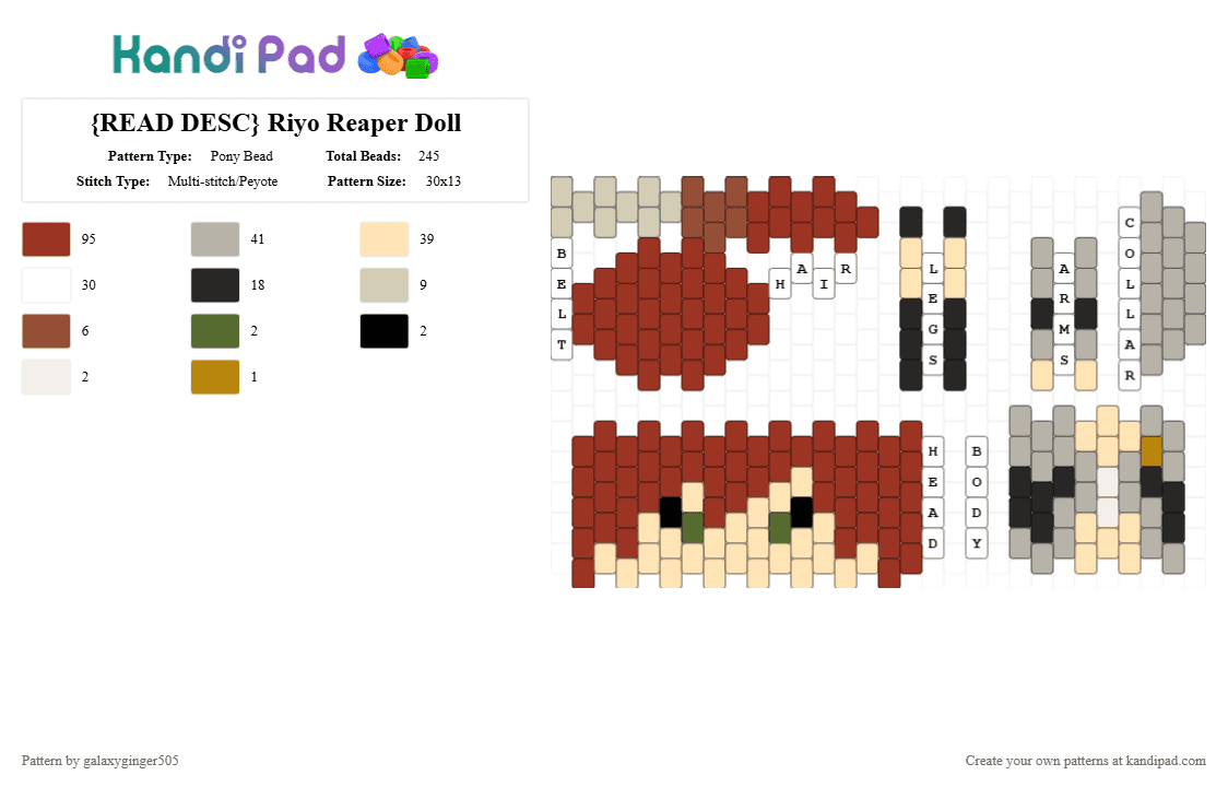 {READ DESC} Riyo Reaper Doll - Pony Bead Pattern by galaxyginger505 on Kandi Pad - red,beige,anime,grey,brown,multistitch,pyote,doll,kandi