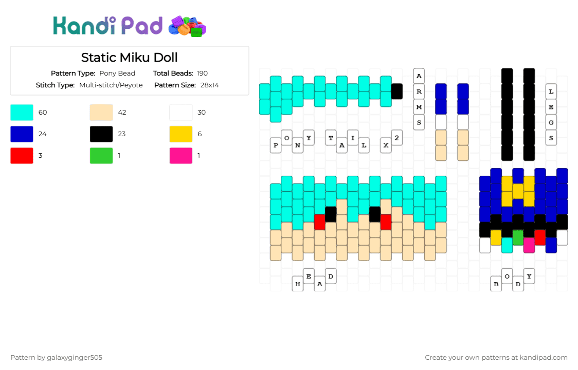 Static Miku Doll - Pony Bead Pattern by galaxyginger505 on Kandi Pad - beige, doll, flavor foley, hatsune miku, light blue, miku, purple, static, static miku, vocaloid