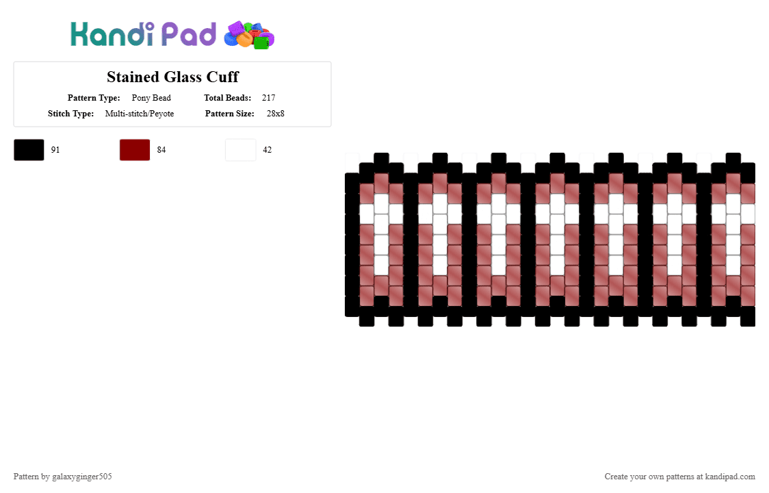 Stained Glass Cuff - Pony Bead Pattern by galaxyginger505 on Kandi Pad - white,red,stained glass,black,clear,multistitch,cuff,cathedral