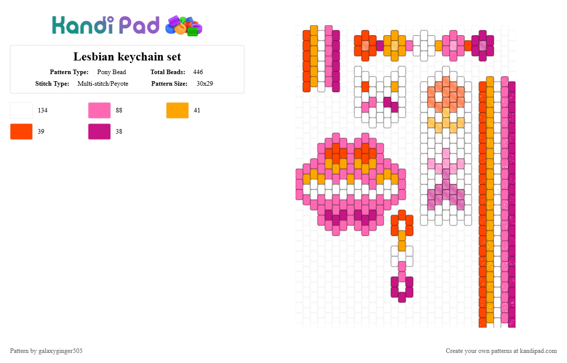 Lesbian keychain set - Pony Bead Pattern by galaxyginger505 on Kandi Pad - keychain, lesbian, lgbtq, lgbtqia, orange, pink, white, wlw