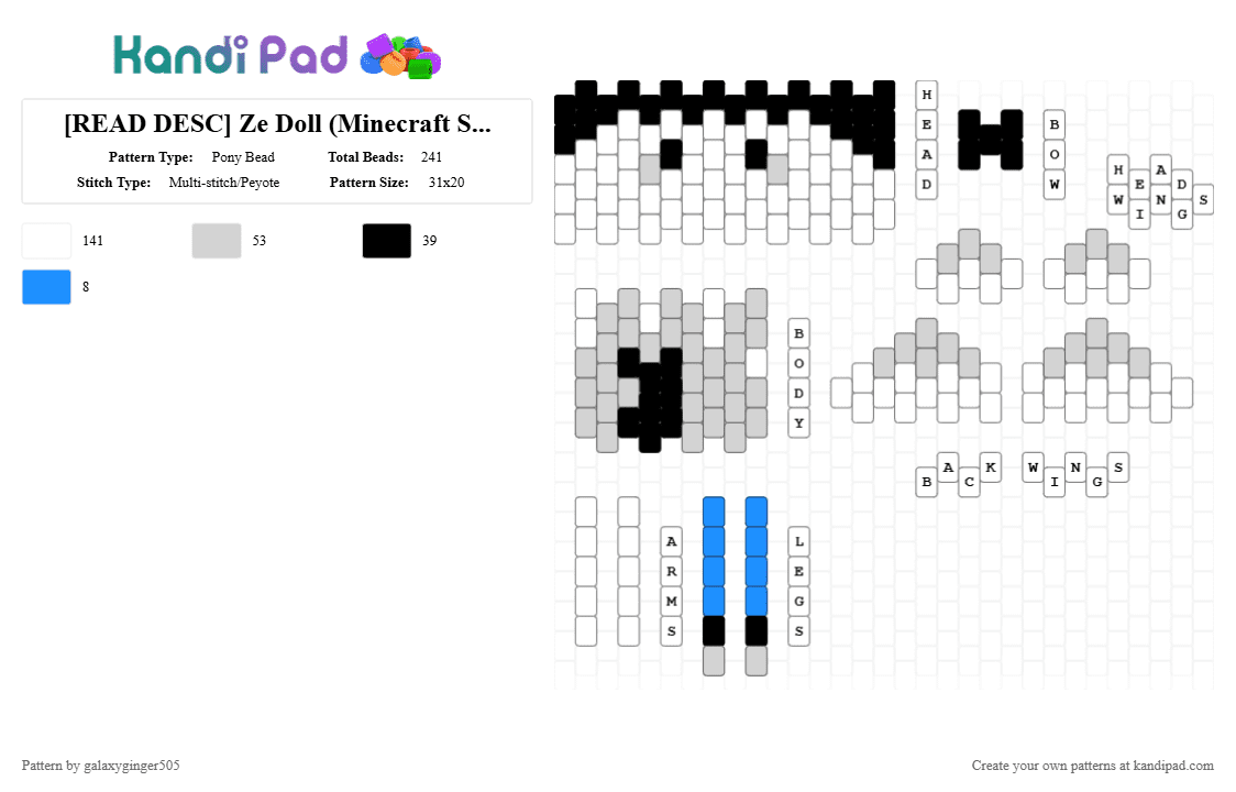 [READ DESC] Ze Doll (Minecraft Skin) - Pony Bead Pattern by galaxyginger505 on Kandi Pad - arg, doll, minecraft, minecraft arg, white, zabooboo3, ze