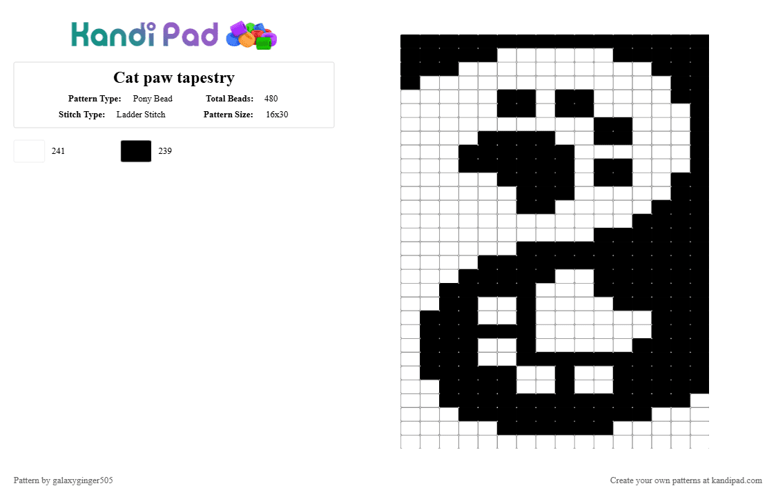 Cat paw tapestry - Pony Bead Pattern by galaxyginger505 on Kandi Pad - black,white,tapestry,ladder stitch,cat,paw,toe beans,meow