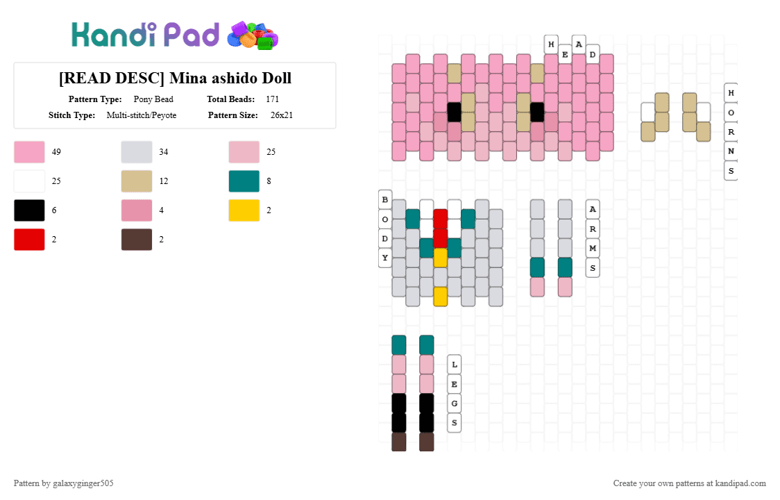 [READ DESC] Mina ashido Doll - Pony Bead Pattern by galaxyginger505 on Kandi Pad - anime, doll, hero, mha, mina, mina ashido, my hero acadamia, pink, show
