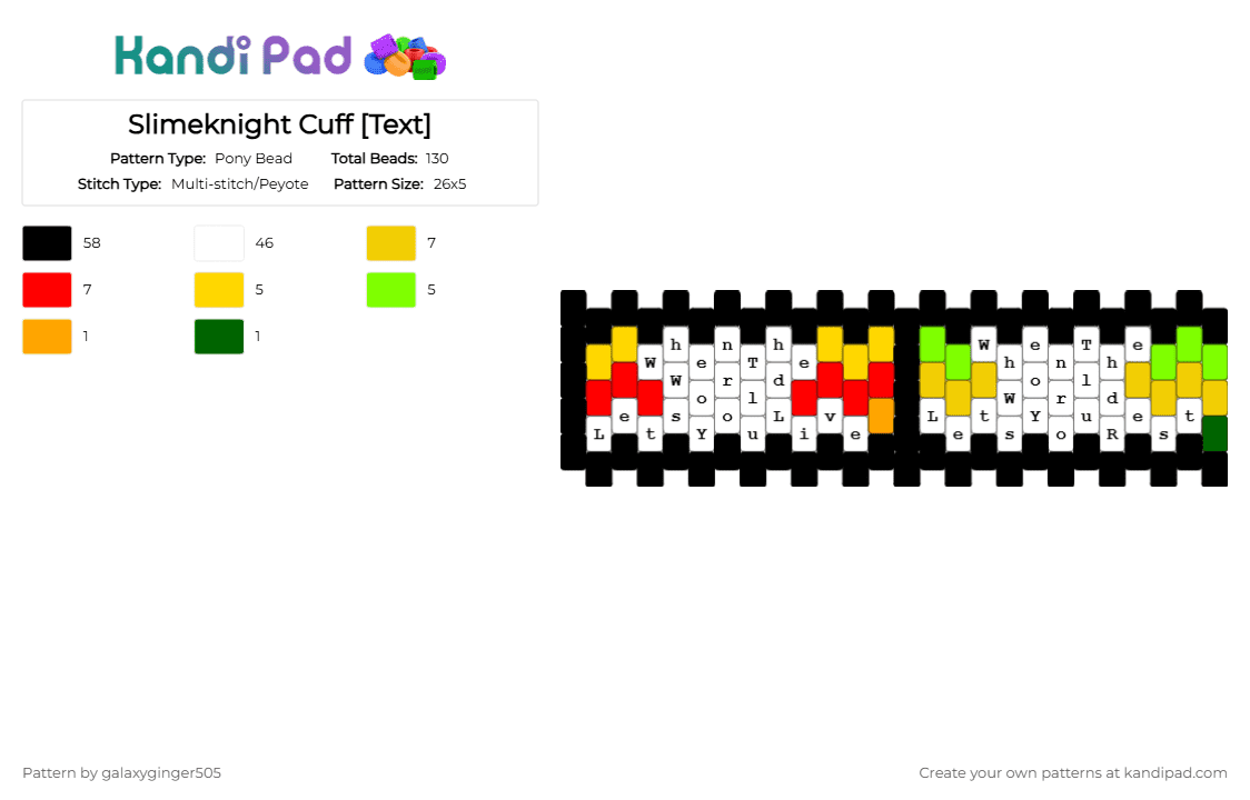 Slimeknight Cuff [Text] - Pony Bead Pattern by galaxyginger505 on Kandi Pad - avery, averythemayo, d3rlord3, derek, fanfiction, minecraft, red, sfawtdedawtde, slimeknight, white, yellow