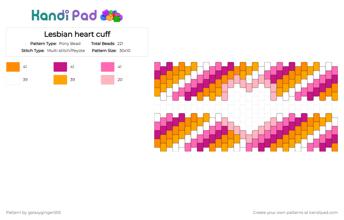 Lesbian heart cuff - Pony Bead Pattern by galaxyginger505 on Kandi Pad - orange,pink,multistitch,two parts,heart,lgbtqia,lgbtq,lesbian