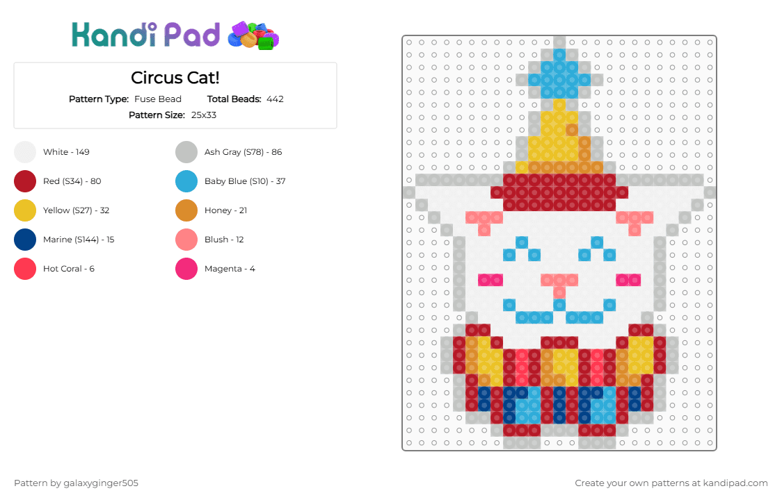 Circus Cat! - Fuse Bead Pattern by galaxyginger505 on Kandi Pad - beige,red,cat,clown,circus