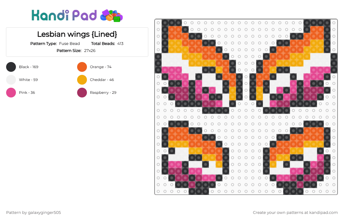 Lesbian wings {Lined} - Fuse Bead Pattern by galaxyginger505 on Kandi Pad - orange,pink,cute,wlw,lesbian,pride,lgbtqia,lgbtq,small,wings