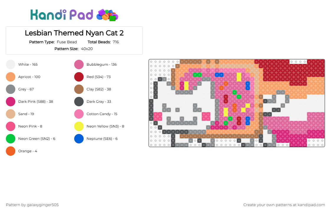 Lesbian Themed Nyan Cat 2 - Fuse Bead Pattern by galaxyginger505 on Kandi Pad - gray,pink,orange,red,nyan cat,lesbian,cat