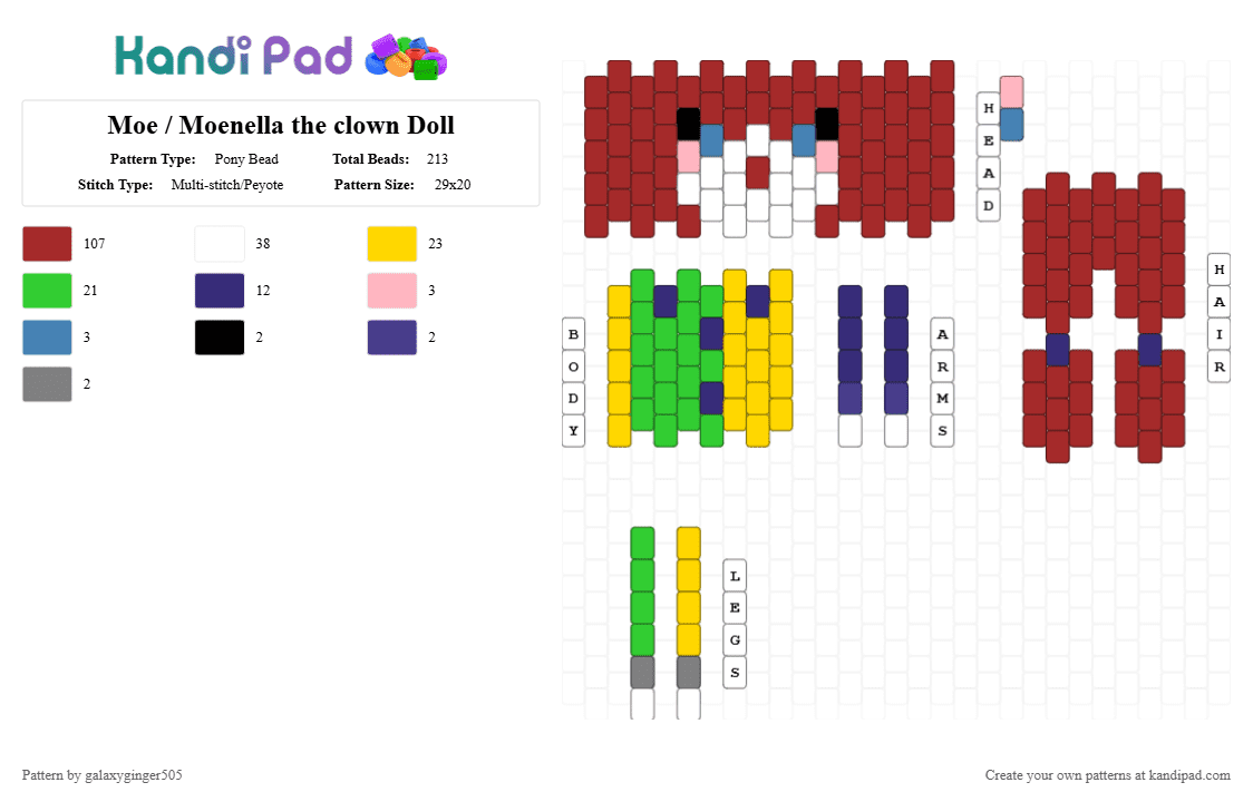 Moe / Moenella the clown Doll - Pony Bead Pattern by galaxyginger505 on Kandi Pad - a regect, aregect, clown, doll, kandi doll, minecraft arg, moe, moenella, red, yellow