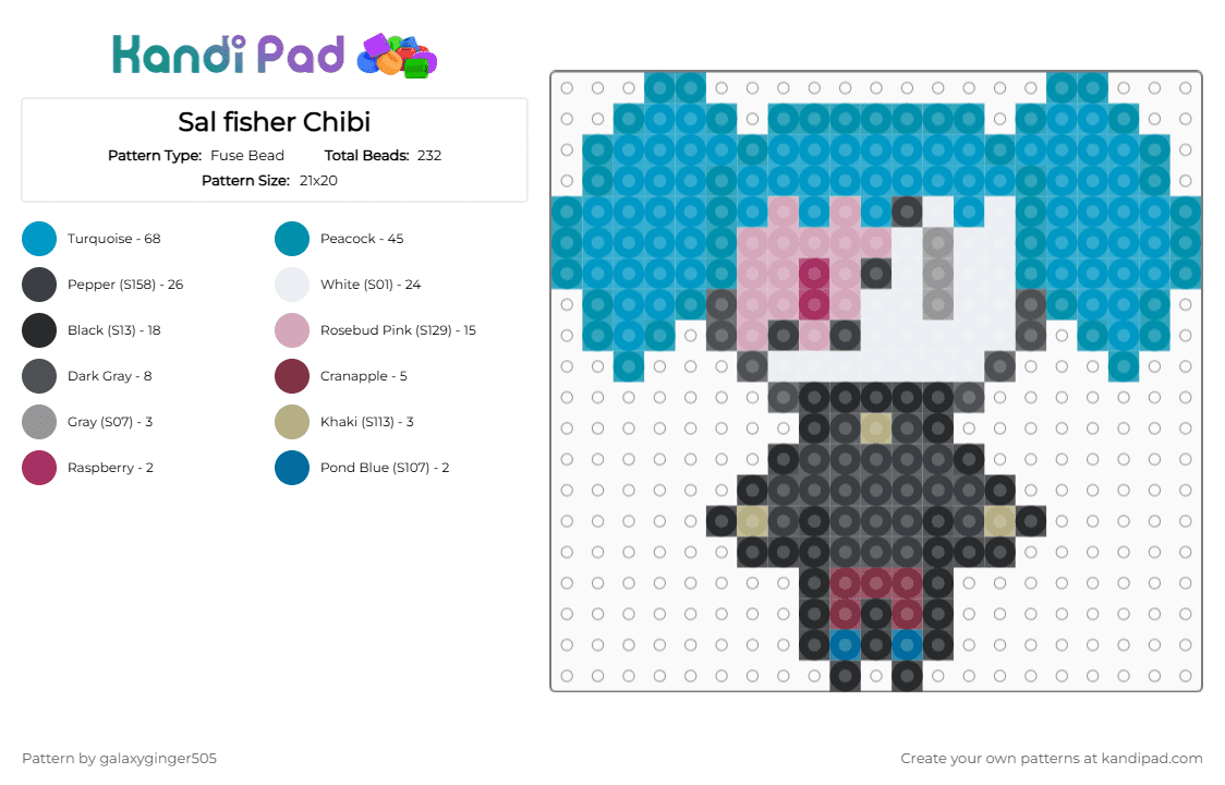 Sal fisher Chibi - Fuse Bead Pattern by galaxyginger505 on Kandi Pad - teal,light blue,perler beads,perler,game,sally face,chibi,character,blue,black