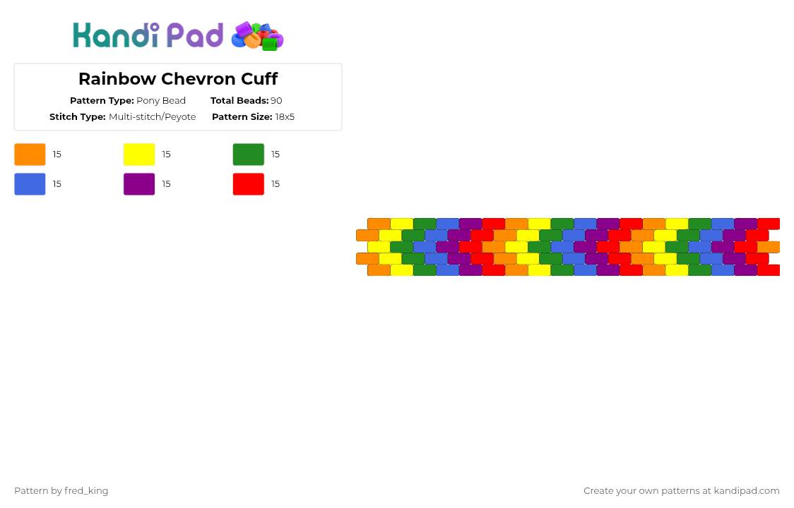 Rainbow Chevron Cuff - Pony Bead Pattern by fred_king on Kandi Pad - yellow,blue,red,colorful