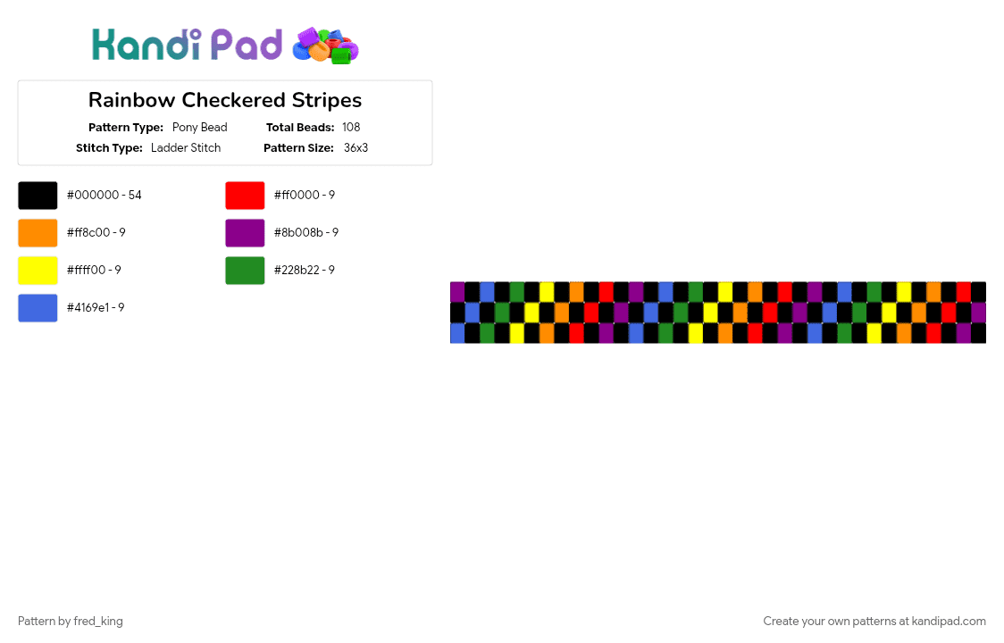 Rainbow Checkered Stripes - Pony Bead Pattern by fred_king on Kandi Pad - black, blue, checkered, colorful, orange, rainbow, stripes, yellow