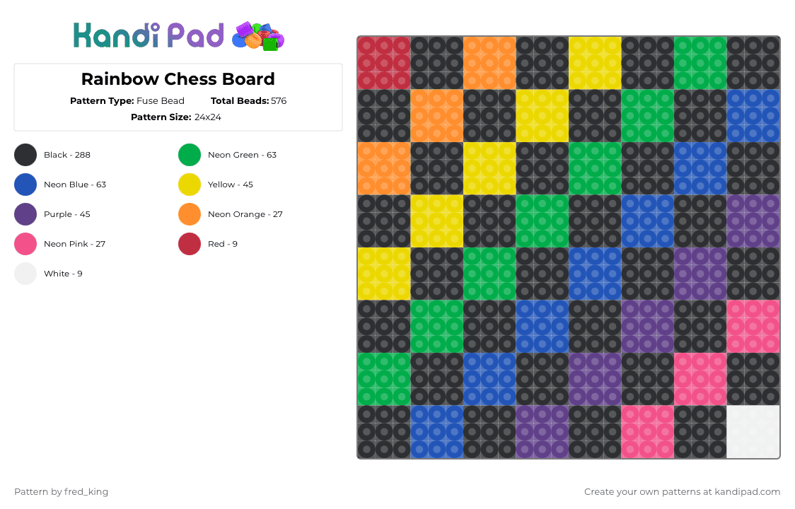 Rainbow Chess Board - Fuse Bead Pattern by fred_king on Kandi Pad - black,green,blue,purple,colorful,rainbow,chess,checkers