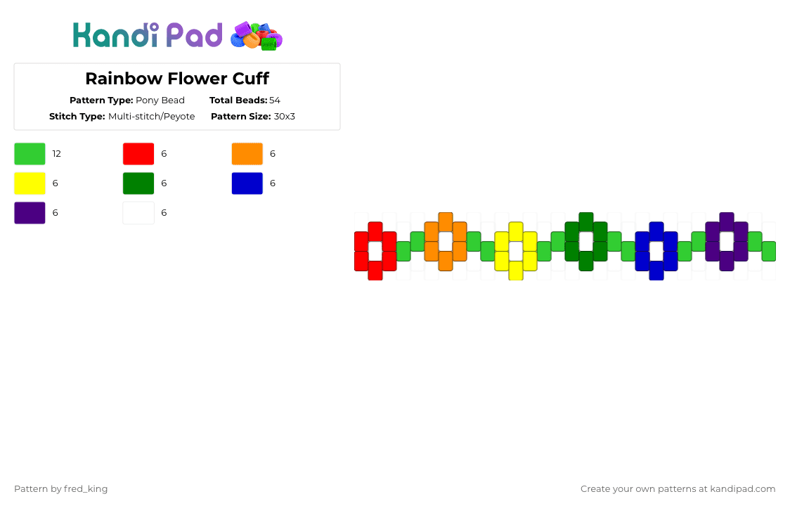 Rainbow Flower Cuff - Pony Bead Pattern by fred_king on Kandi Pad - green,purple,flower,rainbow,red,orange,yellow,blue