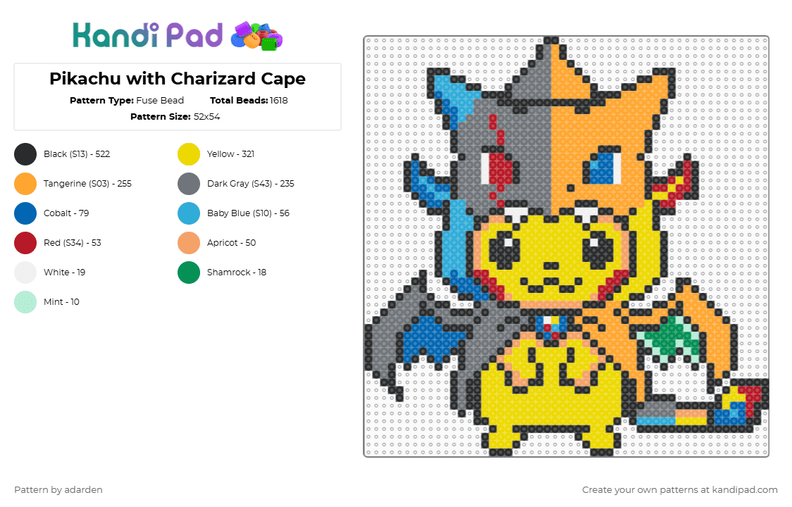Pikachu with Charizard Cape - Fuse Bead Pattern by adarden on Kandi Pad - yellow,orange,gray