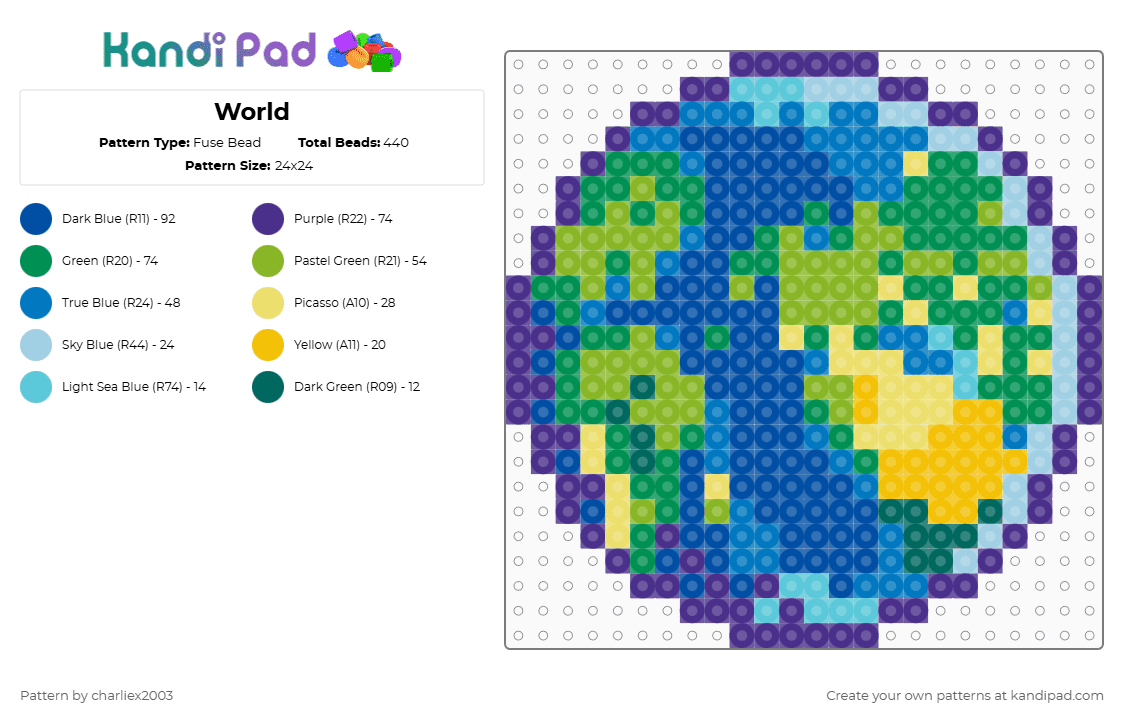 World - Fuse Bead Pattern by charliex2003 on Kandi Pad - purple,blue,green